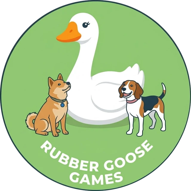 Rubber Goose Games logo: a white goose with a shiba inu and a beagle